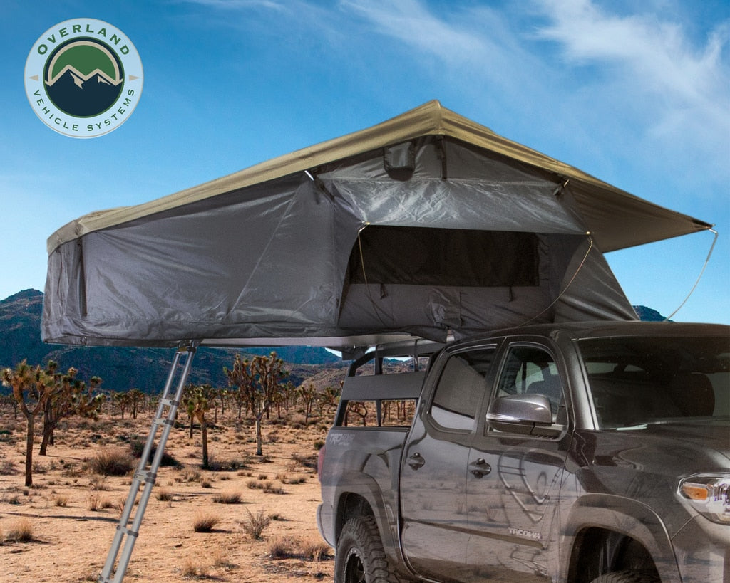Overland Vehicle Systems Nomadic 3 Extended Roof Top Tent - Dark Gray Base With Green Rain Fly & Black Cover Universal